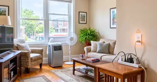 living room during a summer heatwave with a visible electrical safety focus.