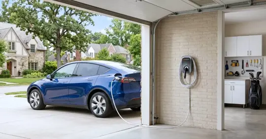 driveway showing an electric vehicle plugged into a wall-mounted Level 2 charger