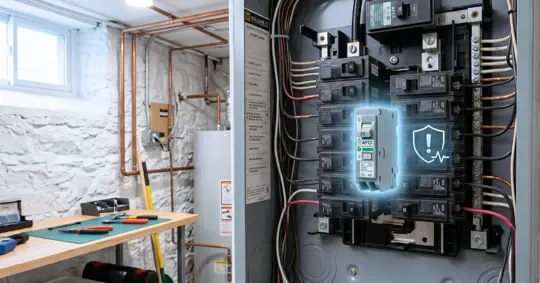 modern home electrical panel with an AFCI breaker highlighted.